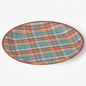 モダンティール(緑がかった色)ダークブルーオレンジホワイトプレイドパターン ペーパープレート (アングル)