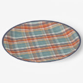 モダンティール（緑がかった色）ダークブルーオレンジホワイトプレイドパターン ペーパープレート (アングル)