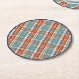 モダンティール（緑がかった色）ダークブルーオレンジホワイトプレイドパターン ラウンドペーパーコースター
