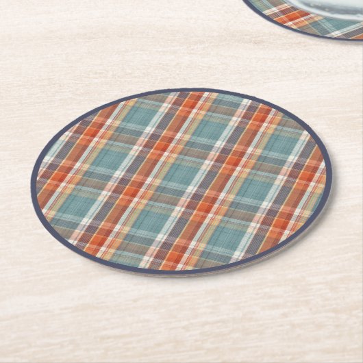 モダンティール(緑がかった色)ダークブルーオレンジホワイトプレイドパターン ラウンドペーパーコースター (アングル)