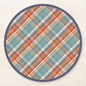 モダンティール(緑がかった色)ダークブルーオレンジホワイトプレイドパターン ラウンドペーパーコースター (正面)