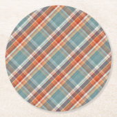 モダンティール(緑がかった色)ダークブルーオレンジホワイトプレイドパターン ラウンドペーパーコースター (正面)
