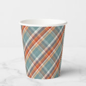 モダンティール(緑がかった色)ダークブルーオレンジホワイトプレイドパターン 紙コップ (裏面)