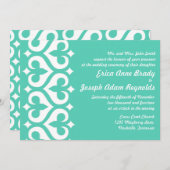 モダンティール(緑がかった色)ハート(紋章の)フラ・ダ・リ結婚式招待状 招待状 (正面/裏面)