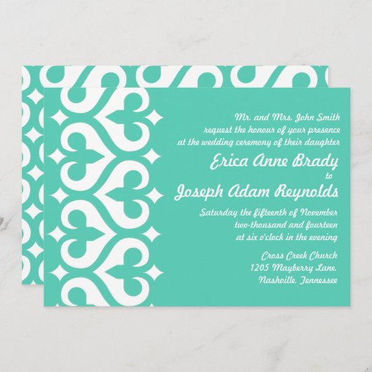 モダンティール(緑がかった色)ハート(紋章の)フラ・ダ・リ結婚式招待状 招待状 (正面/裏面)