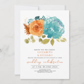 モダンティール(緑がかった色)バーンドオレンジマリゴールドフローラ結婚ズ 招待状 (正面)