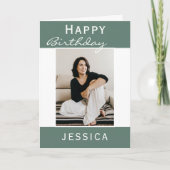 モダンティール（緑がかった色）フォトハッピーバースデー カード (正面)