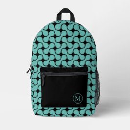 モダンティール（緑がかった色）ブラックモノグラム幾何学模様 プリントバックパック