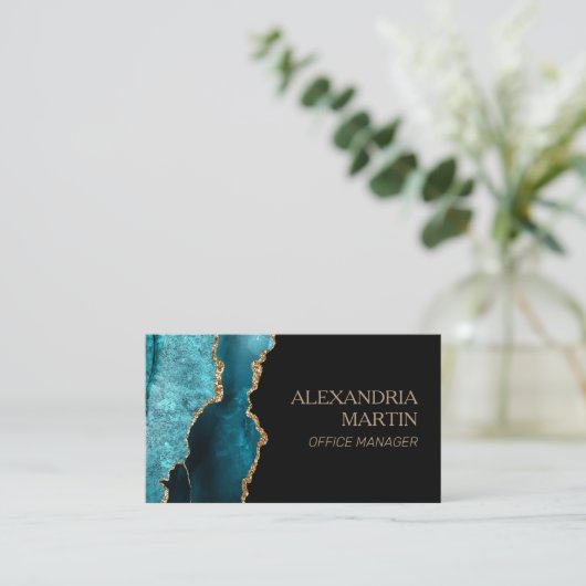 モダンティール(緑がかった色)ブラック金ゴールドグリッター大理石 名刺 (スタンド正面)