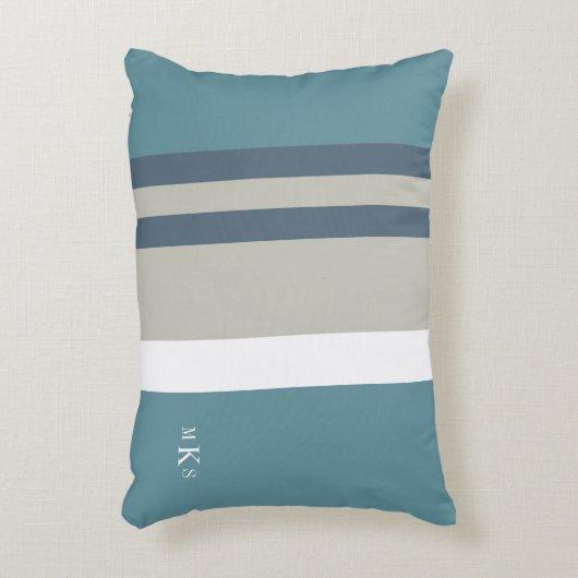 モダンティール(緑がかった色)ブルーとタンストライプのパーソナライズされた アクセントクッション (正面(垂直))
