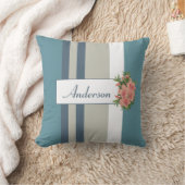 モダンティール（緑がかった色）ブルーとタンストライプのフローラ クッション (ブランケット)