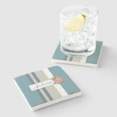 モダンティール(緑がかった色)ブルーとタンストライプのフローラ ストーンコースター (横)