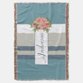 モダンティール（緑がかった色）ブルーとタンストライプのフローラ スローブランケット (正面縦)