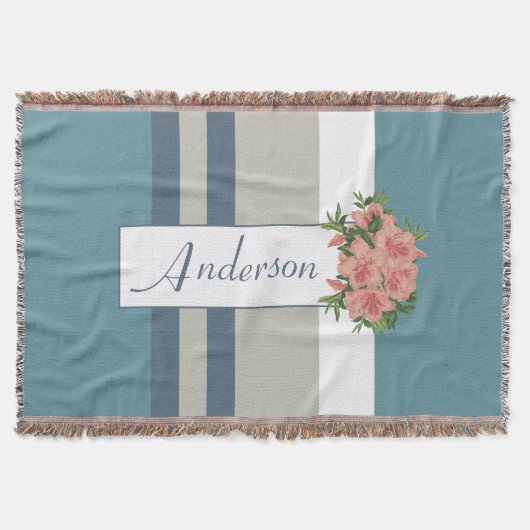 モダンティール（緑がかった色）ブルーとタンストライプのフローラ スローブランケット (正面)