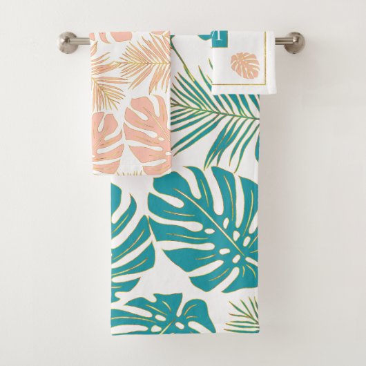 モダンティール(緑がかった色)ブルーとピーチの熱帯離れ バスタオルセット (インサイチュ)