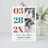 モダンティール（緑がかった色）ブルーと錆タイポグラフィ2枚の写真 セーブザデート (スタンド正面)