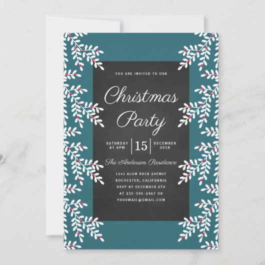 モダンティール(緑がかった色)ブルークリスマスパーティーシャルボード 招待状 (正面)