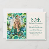 モダンティール（緑がかった色）ブルーグリーン花80誕生日写真 招待状 (正面)