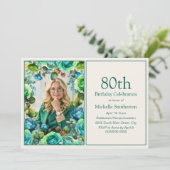 モダンティール（緑がかった色）ブルーグリーン花80誕生日写真 招待状 (スタンド正面)
