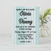 モダンティール（緑がかった色）ブルーグレイストライプビーチ結婚式 招待状 (スタンド正面)