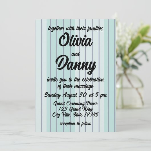 モダンティール(緑がかった色)ブルーグレイストライプビーチ結婚式 招待状 (スタンド正面)