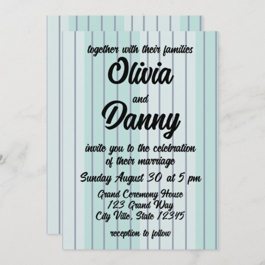モダンティール（緑がかった色）ブルーグレイストライプビーチ結婚式 招待状 (正面/裏面)