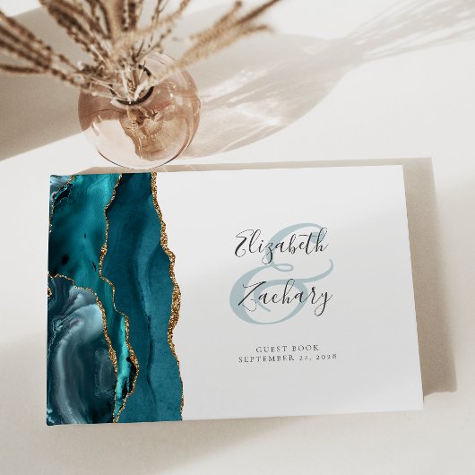 モダンティール（緑がかった色）ブルーゲート金ゴールドスクリプト ゲストブック