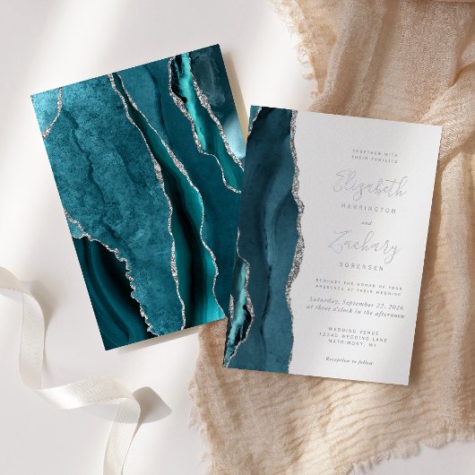 モダンティール(緑がかった色)ブルーシルバーアゲ結婚ート 箔招待状