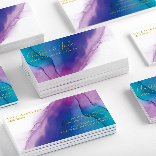 モダンティール（緑がかった色）ブルーパープル抽象芸術アート 名刺
