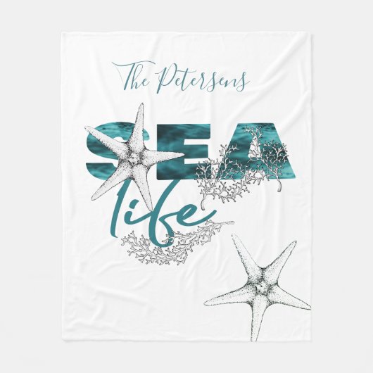モダンティール(緑がかった色)ブルー海ライフタイポグラフィとお名前 フリースブランケット (正面)