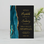 モダンティール(緑がかった色)ブルー金ゴールドアガテダーク結婚ズ 箔招待状 (立ち正面)