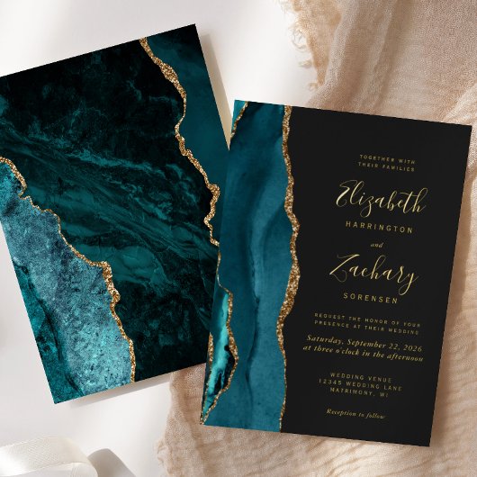 モダンティール(緑がかった色)ブルー金ゴールドアガテダーク結婚ズ 箔招待状
