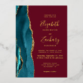 モダンティール（緑がかった色）ブルー金ゴールドアゲートブルグンディ結婚ズ 箔招待状 (正面)