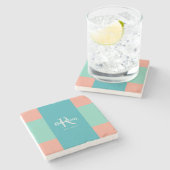 モダンティール（緑がかった色）・ブルー・コーラルピンクファミリーモノグラム ストーンコースター (横)