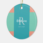 モダンティール(緑がかった色)、ブルー、ピンクのモノグラムクリスマス セラミックオーナメント (左)