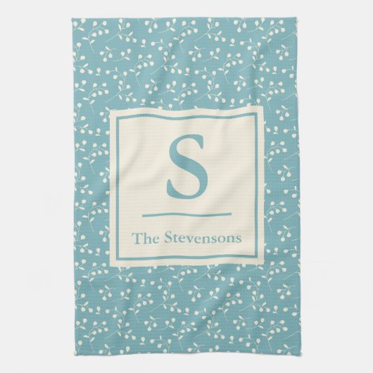 モダンティール(緑がかった色)ブ素朴ルーフローラファミリーモノグラム キッチンタオル (縦)