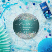 モダンティール(緑がかった色)ホログラフィフェイクーグリッターモノグラム ペーパープレート (パーティー)