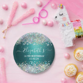 モダンティール(緑がかった色)ホログラフィフェイクーグリッターモノグラム ペーパープレート (パーティー)