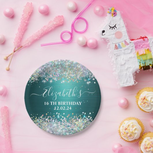 モダンティール（緑がかった色）ホログラフィフェイクーグリッターモノグラム ペーパープレート (パーティー)