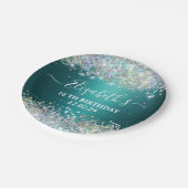 モダンティール(緑がかった色)ホログラフィフェイクーグリッターモノグラム ペーパープレート (アングル)