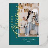 モダンティール（緑がかった色）写真クリスマスグリーティング金ゴールド 箔シーズンカード (正面)