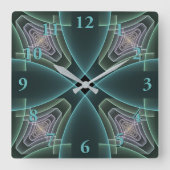 モダンティール(緑がかった色)幾何学的フラクタルアートグラフィック スクエア壁時計 (正面)
