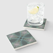 モダンティール（緑がかった色）幾何学的フラクタルアートグラフィック ストーンコースター (横)