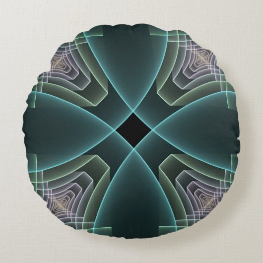 モダンティール(緑がかった色)幾何学的フラクタルアートグラフィック ラウンドクッション (正面)
