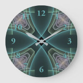 モダンティール(緑がかった色)幾何学的フラクタルアートグラフィック ラージ壁時計 (正面)