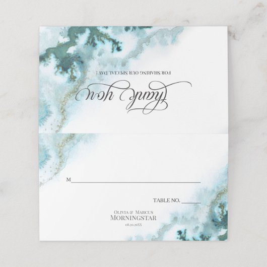 モダンティール(緑がかった色)水カラー苔の瑪瑙メニュー プレイスカード (外部開封)