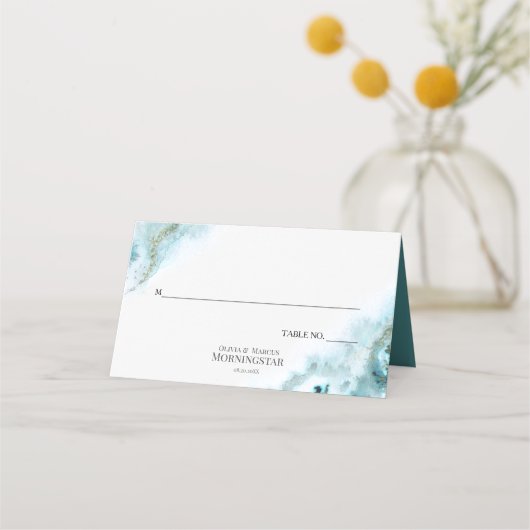 モダンティール（緑がかった色）水カラー苔の瑪瑙メニュー プレイスカード (正面)