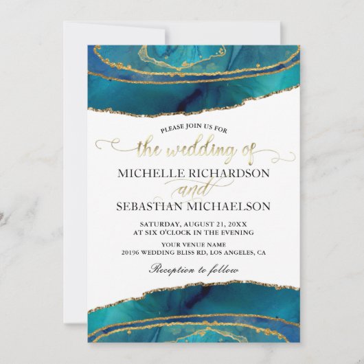 モダンティール(緑がかった色)水カラー金ゴールドアゲート結婚ト 招待状 (正面)