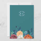 モダンティール（緑がかった色）水色フローラ秋の結婚式 招待状 (裏面)