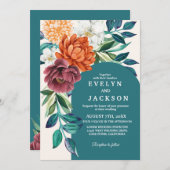 モダンティール（緑がかった色）水色フローラ秋の結婚式 招待状 (正面/裏面)